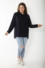 Women's Plus Size Navy Blue Relaxed Cut Side Slit Hooded Sweatshirt 65N37200