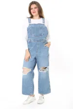 Kadın Büyük Beden Mavi Yırtık Detaylı Kot Salopet 65N37889