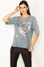 KADIN RENKLİ YIKAMALI KUMAŞ ÖN BASKILI BLUZ