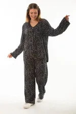 Kadın Büyük Beden Kemik Dokuma Viskon Kumaş Ön Fermuarlı Bluz Pantolon İkili Takım 65N37005