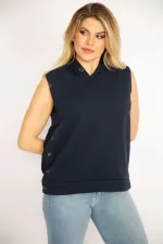 Kadın Lacivert Yanı Çıtçıt Yırtmaçlı Kapşonlu Kolsuz Sweatshirt 65N34829