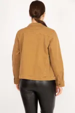 Women's Tan Plus Size Gabardine Fabric Front Button Zipper and Pocket Detailed Coat