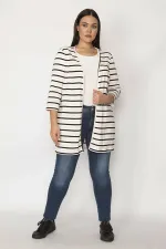 Kadın Kemik Pamuklu Kumaş Çizgili Hırka 65N29664