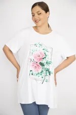 Kadın Beyaz Büyük Beden Rahat Kesim Bisiklet Yakalı Ön Baskılı Tunik