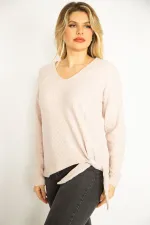 Kadın Gri V Yakalı Kabartma Desenli Ön Bağcıklı Bluz 65N35168