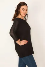 KADIN SİYAH KOLLARI TÜL VE PAYET DETAYLI V YAKALI BLUZ