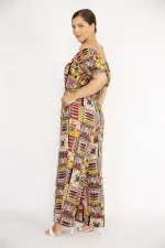 Kadın Bordo Büyük Beden Yaka Beli Lastik Detaylı Dokuma Viskon Kumaş Renkli Tulum