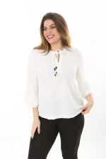 Kadın Büyük Beden Kemik Kendinden Desenli Gofre Kumaş Yaka Bağcıklı Kapri Kollu Bluz 65N37579