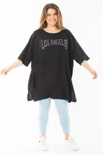 Kadın Büyük Beden Siyah Sim Detaylı Yan Yırtmaçlı Bluz 65N37452