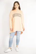 Kadın Somon Büyük Beden Payet Detaylı Kapşonlu Arkası Uzun Sweatshirt