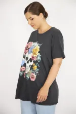 Kadın Büyük Beden Füme Pamuklu Kumaş Ön Baskılı Bisiklet Yakalı Bluz