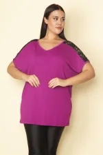 Kadın Fuşya Omuzları Dantel Detaylı V Yakalı Viskon Bluz 65N28745