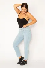 Kadın Mavi Ön Kup Detaylı Yan Kemeri Lastikli Likralı Kot Pantolon 65N34332