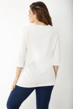 Kadın Büyük Beden Kemik Pamuklu Kumaş Pile Detaylı Kapri Kollu Bluz 65N37225