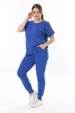 Kadın Büyük Beden Saks Taş Detaylı Kısa Kollu Sweatshirt Pantolon Takım 65N37702