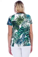 KADIN YEŞİL YAKASI SİMLİ KISA KOLLU DESENLİ BLUZ