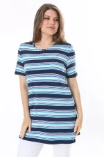 Kadın Büyük Beden Mavi Bisiklet Yakalı Kısa Kollu Çizgili Tunik 65N37850