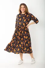 Kadın Büyük Beden Siyah Noel Desenli Belden Büzgülü Kapri Kollu Elbise 65N37427