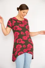 Kadın Renkli Büyük Beden Bisiklet Yakalı Etek Ucu Asimetrik Kesim Kısa Kollu Bluz