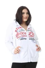 Kadın Büyük Beden Beyaz Ön Fermuar Ve Baskılı Kapşonlu Sweatshirt 65N38622