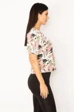 KADIN RENKLİ ÇİÇEK DESENLİ KOL DETAYLI BLUZ