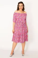 Kadın Fujya Yaka Lastikli Etek Ucu Büzgülü Dokuma Viskon Kumaş Elbise 65N33250