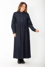 Women's Navy Blue Hidden Placket Metal Button Denim Dress 65N37375