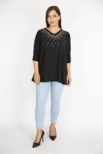 Kadın Siyah Büyük Beden Taş İşli V Yaka Kolu Lastik Büzgülü Bluz