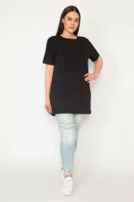 Kadın Siyah Büyük Beden Bisiklet Yakalı Kısa Kollu Oversize Bluz