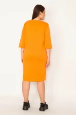 KADIN ORANJ TAŞ VE LAK DETAYLI ELBİSE