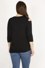 Kadın Siyah Büyük Beden Tek Omuz Dekolteli Etek Ucu Dantel Bluz