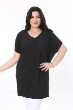 Kadın Büyük Beden Siyah V Yakalı Düşük Kollu Uzun Bluz 65N37999