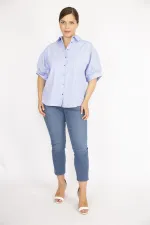 Kadın Büyük Beden Mavi Arkası Yırtmaç Ve Bağcık Detaylı Ön Düğmeli Gömlek 65N36794