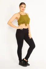 Kadın Kırmızı Ekose Desenli Süs Fermuar Cepli Tayt 65N34640