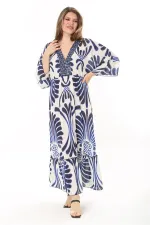 Kadın Büyük Beden Mavi Yakası Taş Detaylı Etek Ucu Katlı Krep Elbise 65N37907