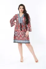 Kadın Büyük Beden Renkli V Yakalı Desenli Elbise 65N38846