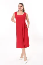 Kadın Büyük Beden Kırmızı Kare Yakalı Kolsuz Uzun Elbise 65N37738