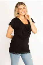 Kadın Pembe Yaka Ve Etek Ucu Dantel Detaylı Düşük Yakalı Bluz 65N34531