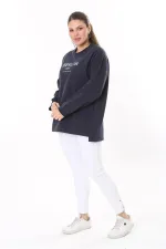 Women's Plus Size Navy Blue Ribbed Inside Slit Sweatshirt 65N37716