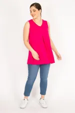 Kadın Fujya Büyük Beden Önü A Pileli V Yakalı Kolsuz Tunik