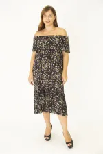 Kadın Büyük Beden Renkli Dokuma Viskon Kumaş Yakası Lastik Ve Volan Detaylı Elbise 65N36916