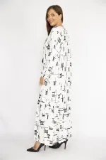 Kadın Beyaz Büyük Beden Dokuma Viskon Kumaş Etek Ucu Katlı Uzun Kollu Elbise