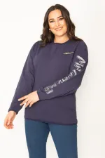 Women's Navy Blue Cotton Fabric Sleeve Applique Sweatshirt 65N31025