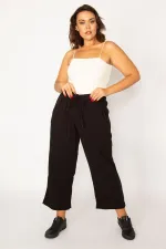 Kadın Siyah Dokuma Viskon Kumaş Beli Lastik Ve Bağcık Detaylı Yan Cepli Pantolon 65N33981