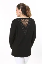 Kadın Büyük Beden Siyah Sırtı Taş Ve Pul Payet Tül Detaylı Uzun Kollu Bluz 65N37691