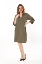Kadın Büyük Beden Haki V Yakalı Cepli Krep Elbise 65N37658
