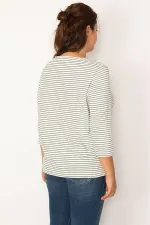 WOMEN'S COLORFUL CREW-NECK CAPRI SLEEVE STRIPED BLOUSE