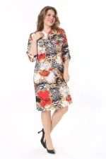 Kadın Büyük Beden Renkli Ön Boy Yarım Düğmeli Kol Boyu Ayarlı Hakim Yakalı Elbise 65N37956