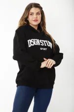 Women's Plus Size Black Embroidered Inside and Hooded Detailed Sweatshirt 65N37203