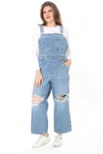 Kadın Büyük Beden Mavi Yırtık Detaylı Kot Salopet 65N37889